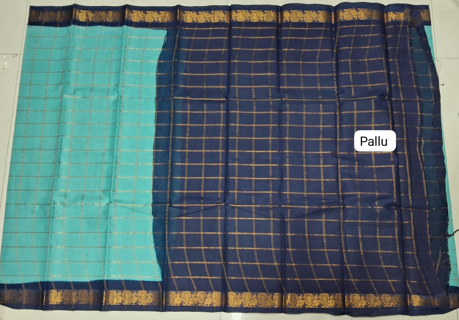 Aqua Blue Sungundi Cotton Saree pallu