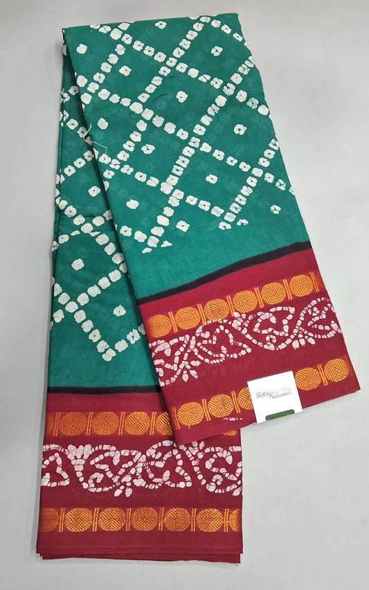 Two patterned scarves, one green and white, the other red with yellow designs.