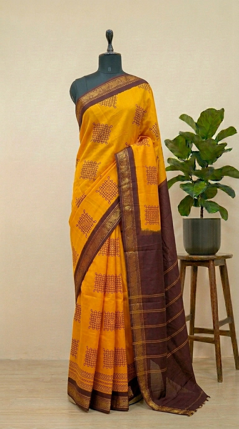 Mustard yellow Sungudi cotton saree 