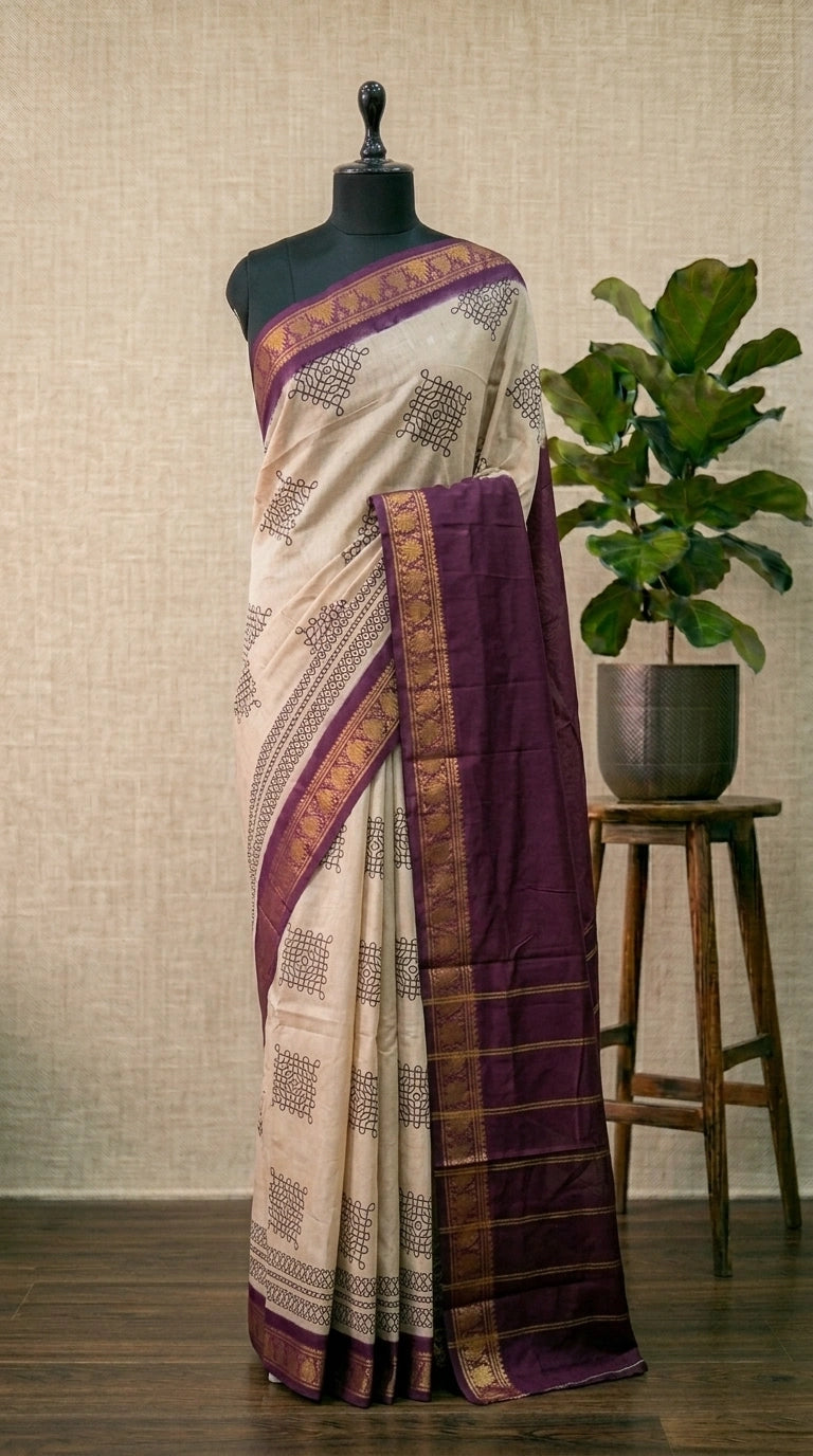 Off-White Sungudi cotton saree 