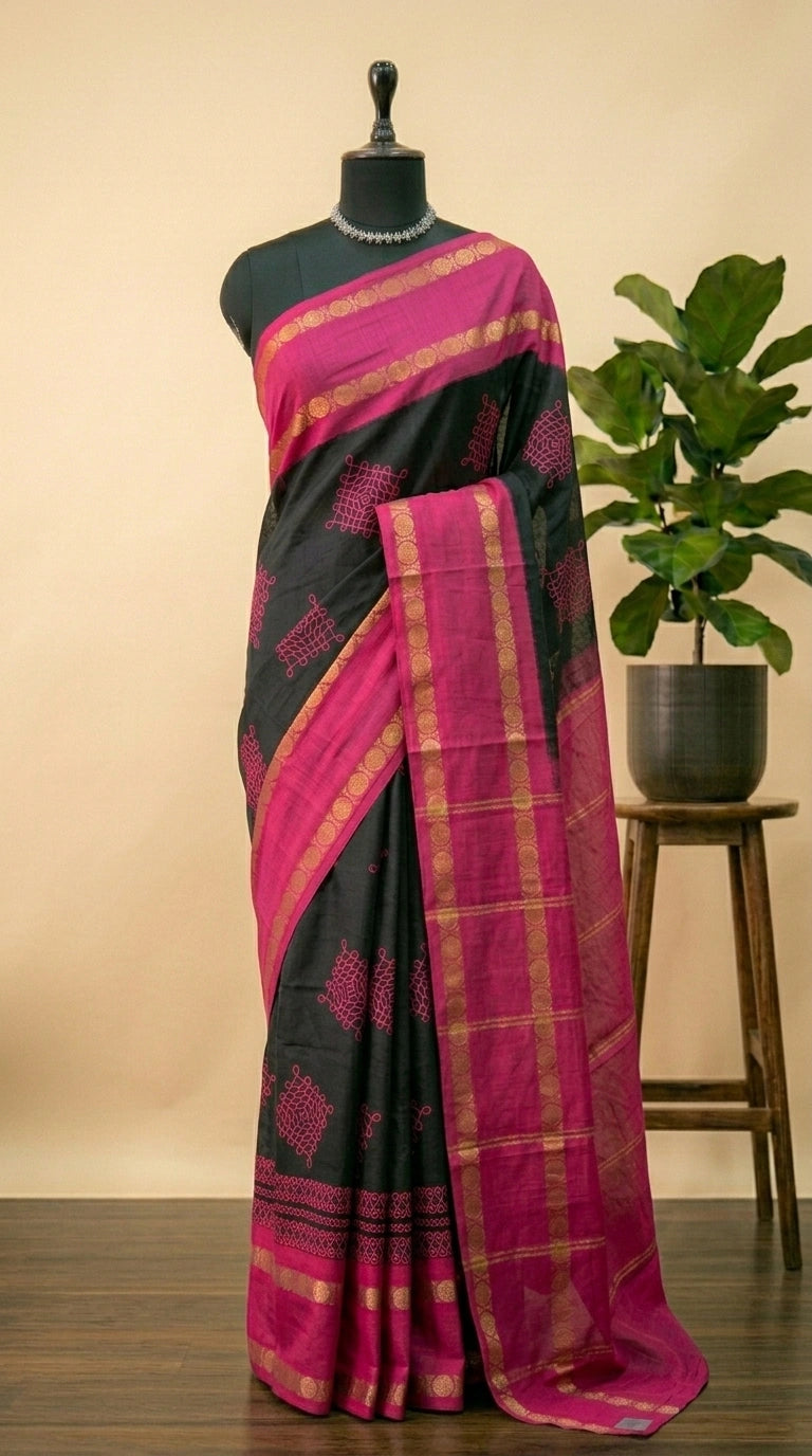 Ink black Sungudi cotton saree