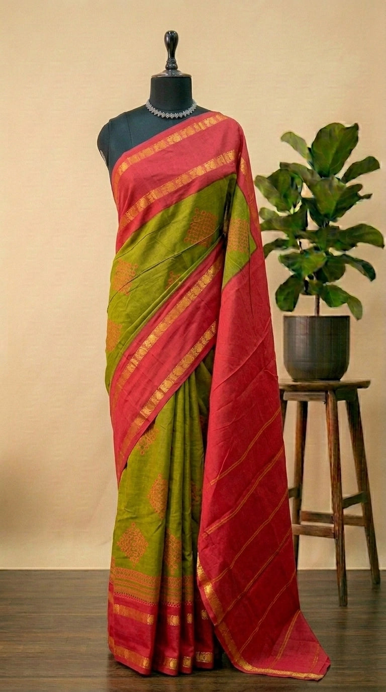 Olive green Sungudi cotton saree