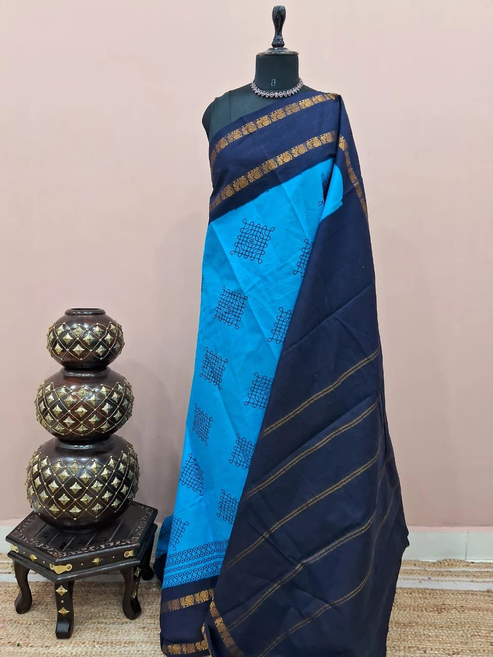 Sky blue Sungudi cotton saree 