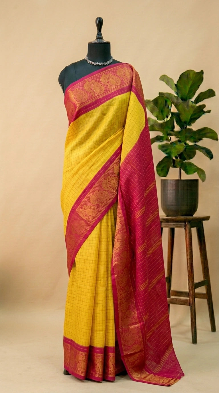 Vibrant yellow Sungudi cotton saree