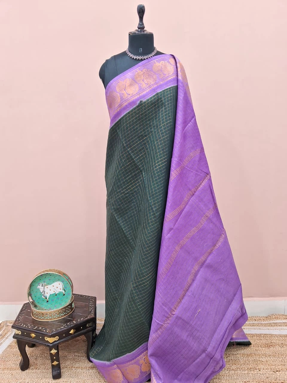 Bottle Green Sungudi Cotton Saree 