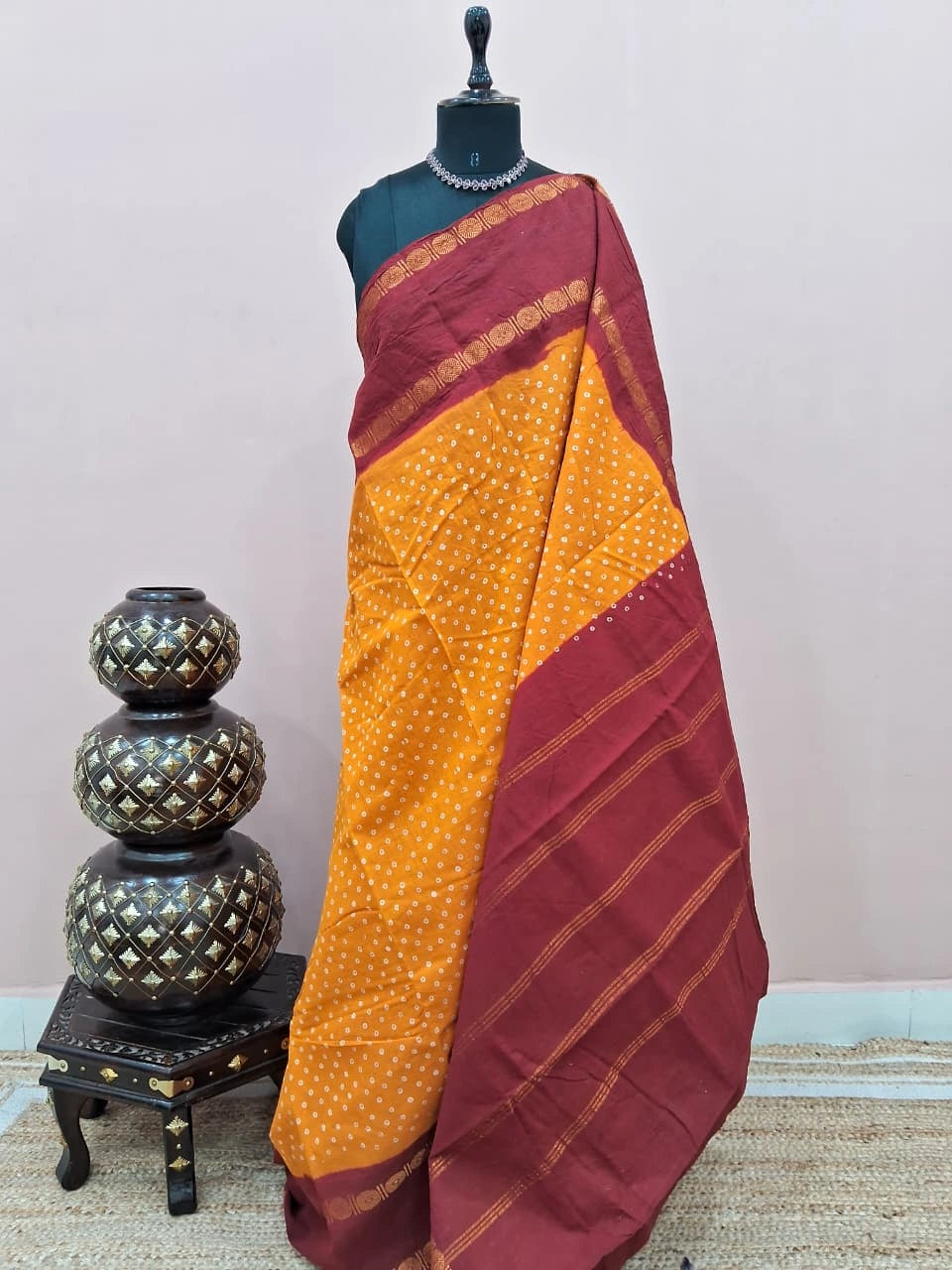 Mustard Yellow Sungudi Cotton Saree