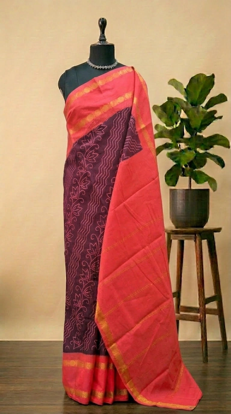 Dark Brown Sungudi Cotton Saree 
