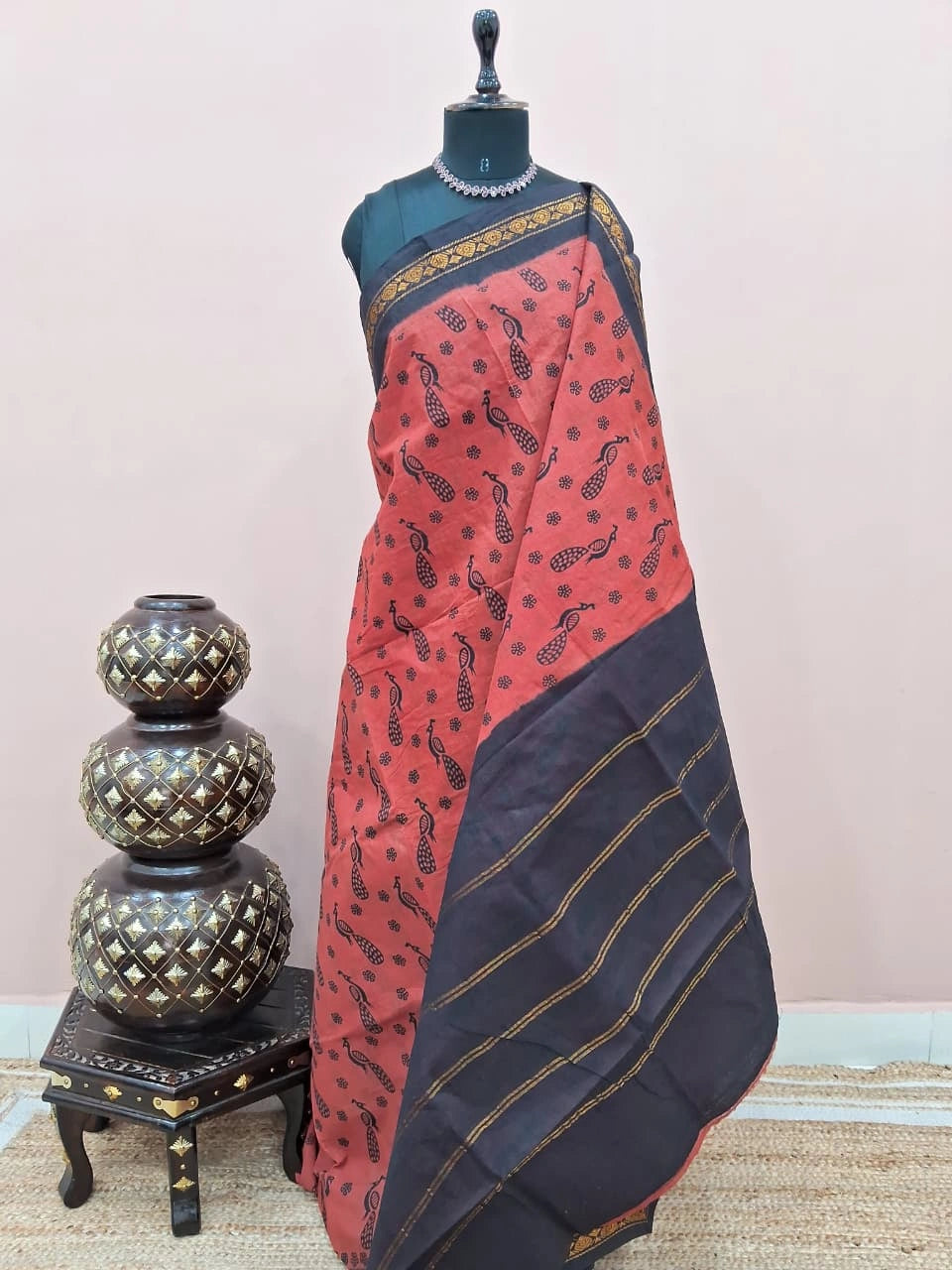 Dark Peach Sungudi Cotton Saree