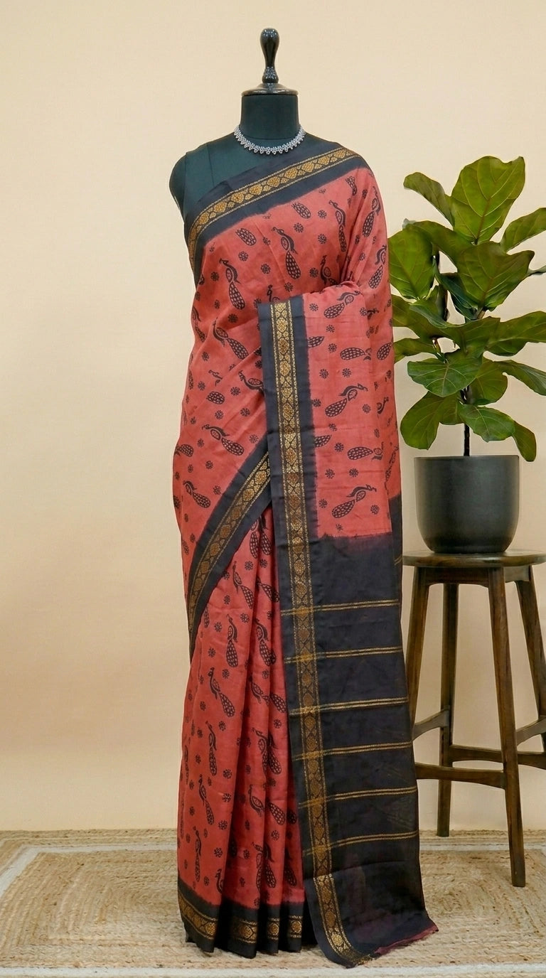 Dark Peach Sungudi Cotton Saree