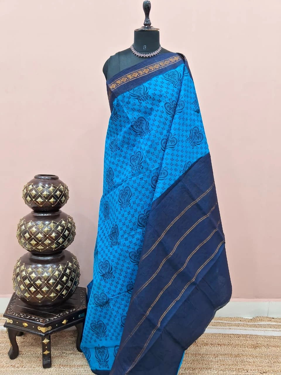 Caribbean Blue Sungudi Cotton Saree 