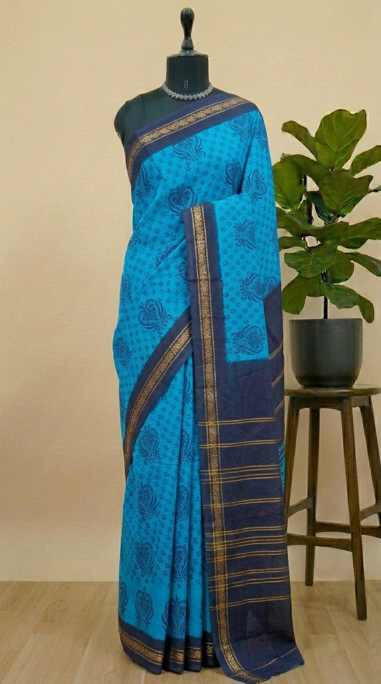 Caribbean Blue Sungudi Cotton Saree 