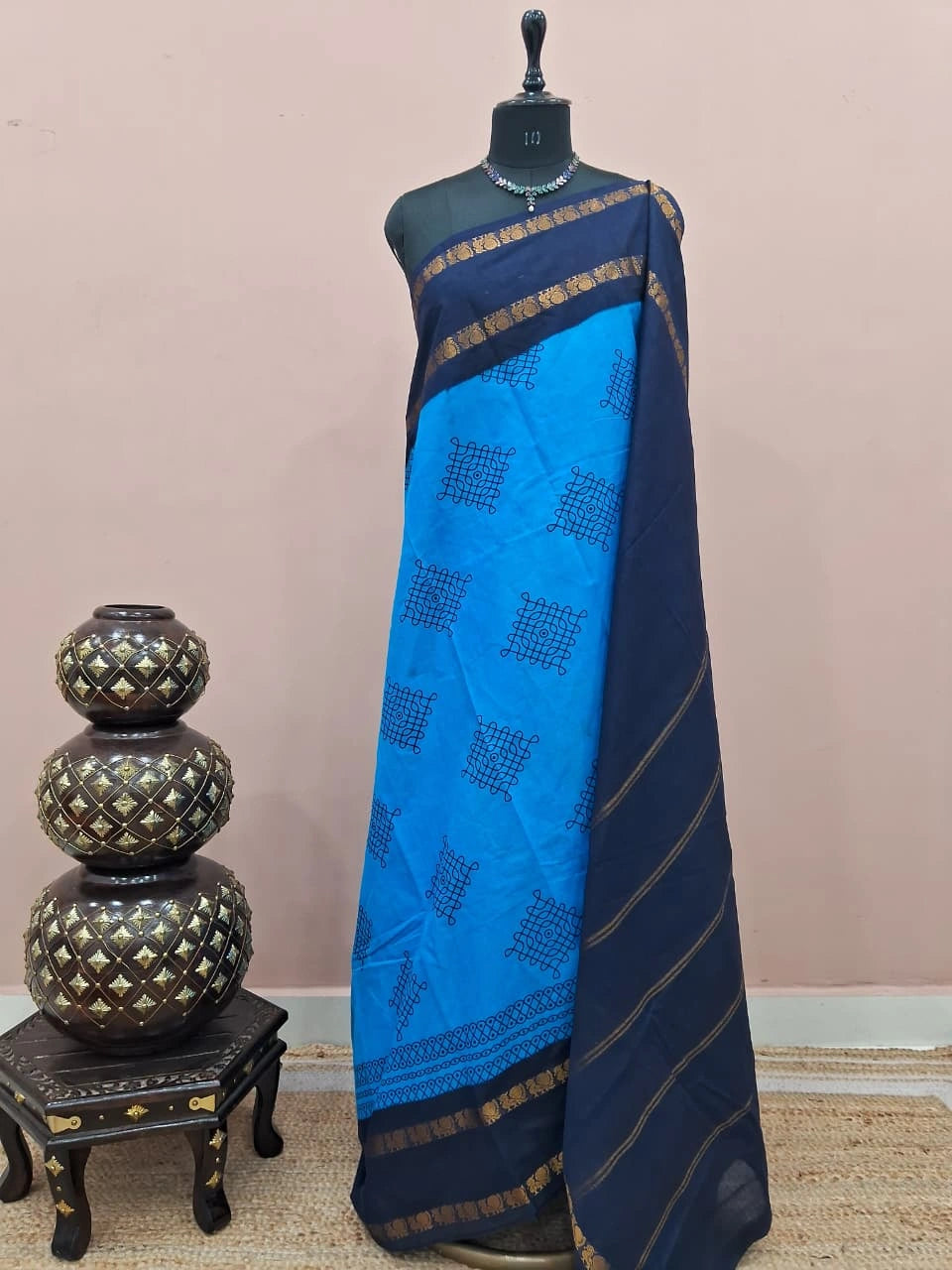 Ocean Blue Sungundi Cotton Saree 