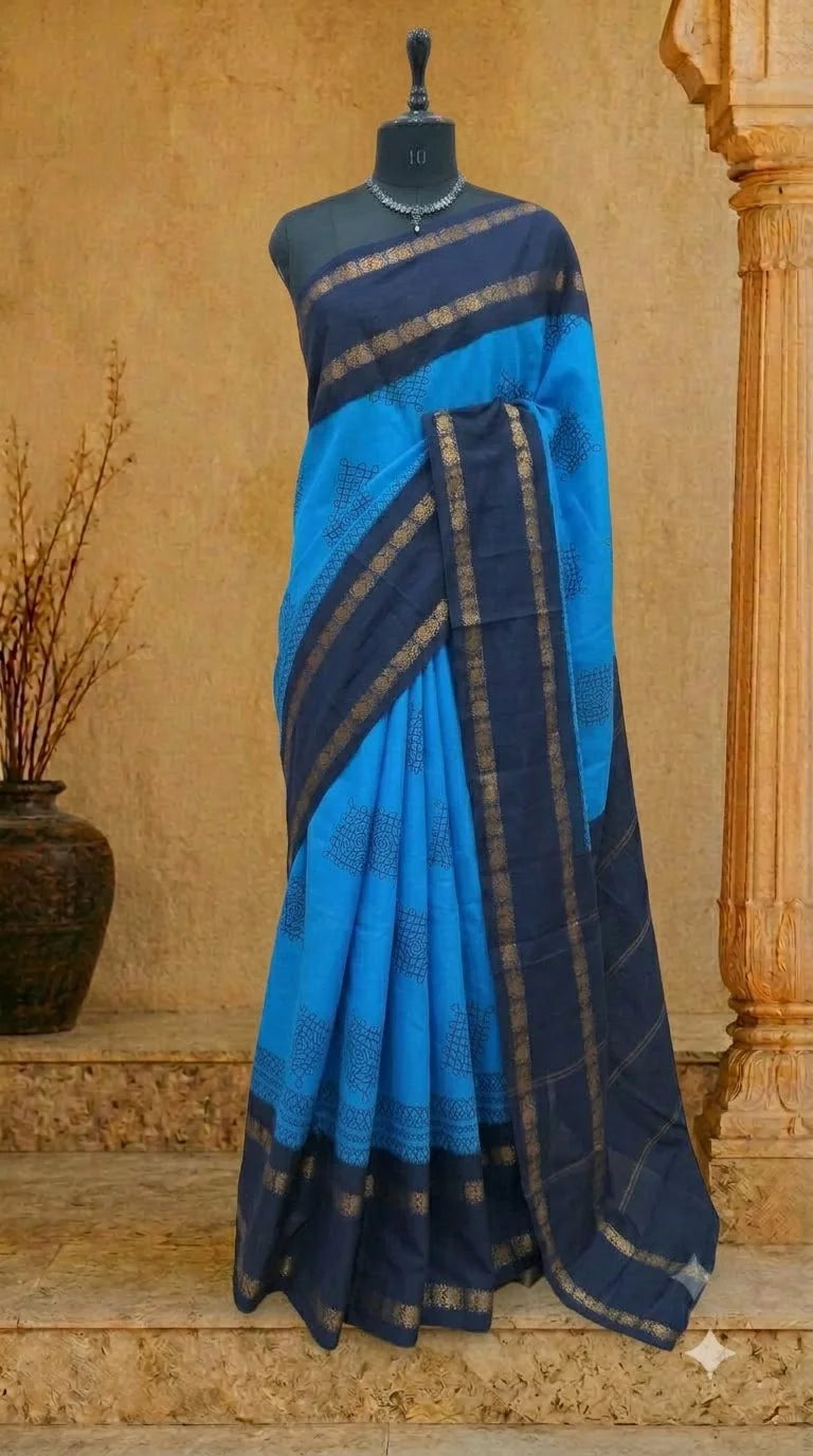 Ocean Blue Sungundi Cotton Saree 