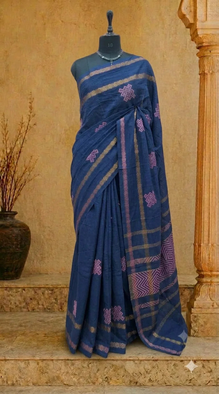 Deep Navy Blue Sungudi Cotton Saree 