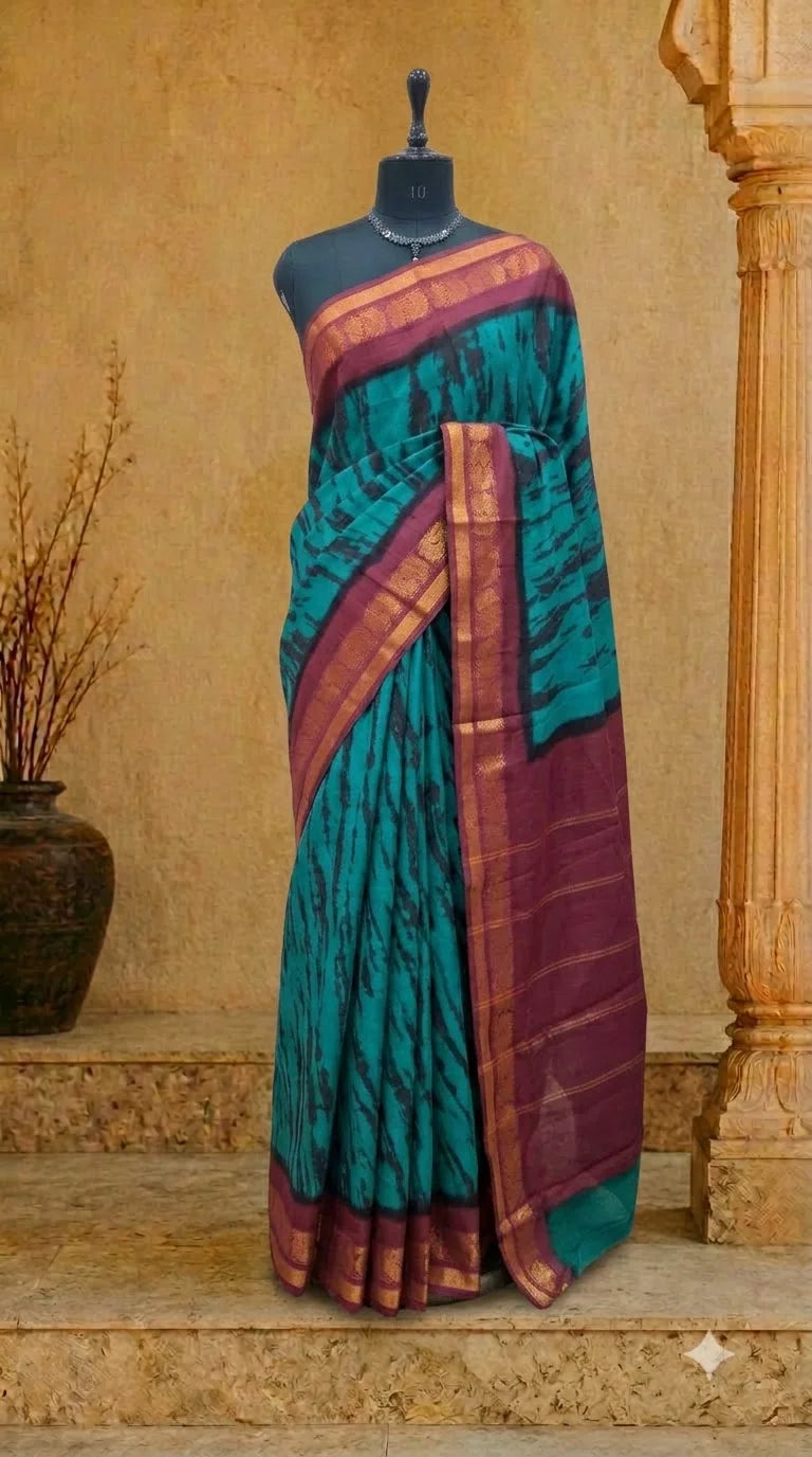 Teal Blue Sungudi Cotton Saree 
