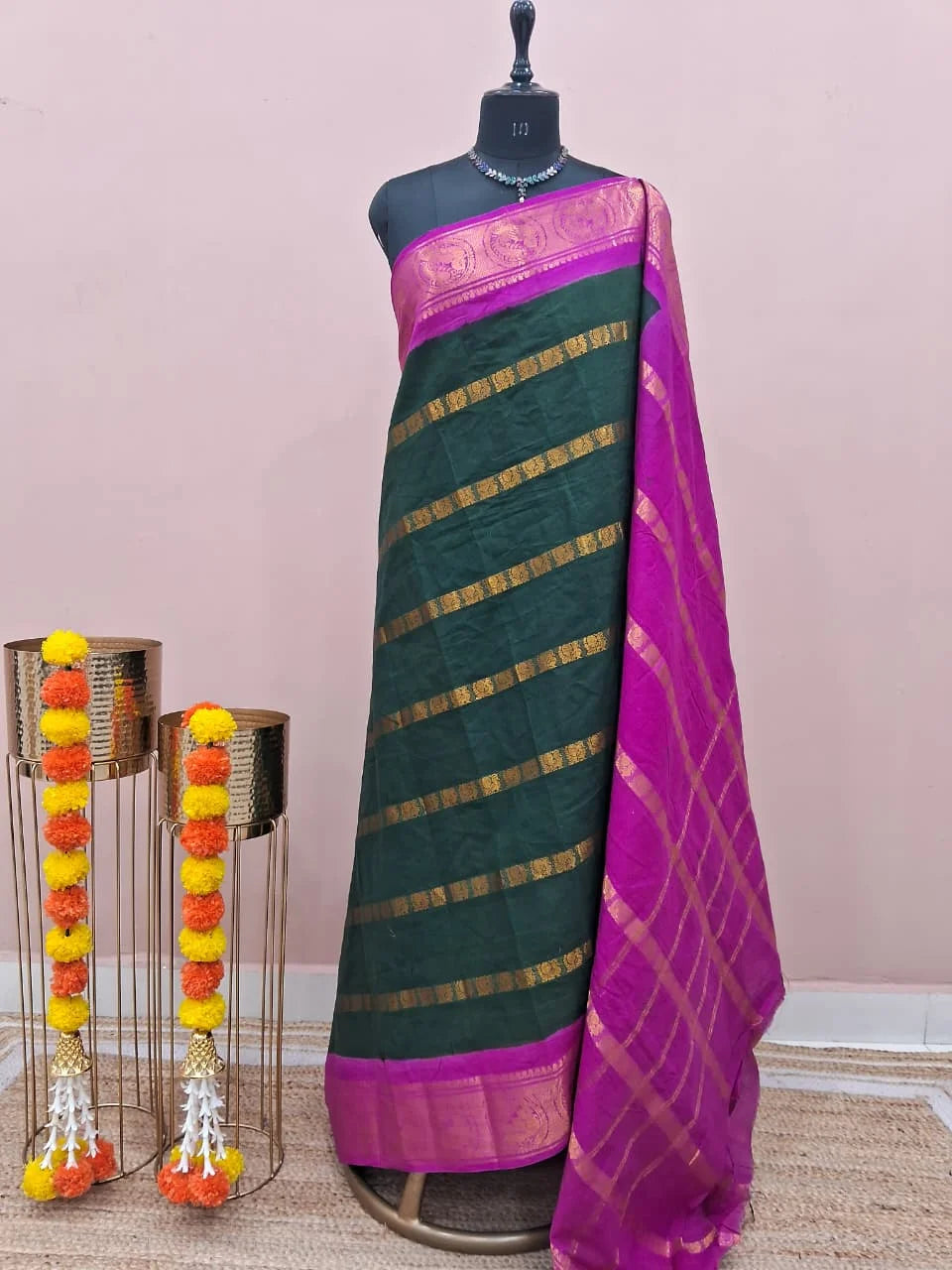 Bottle Green Sungudi Cotton Saree 