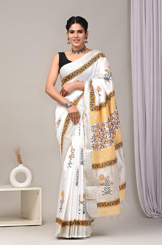 White Maheshwari Cotton Saree