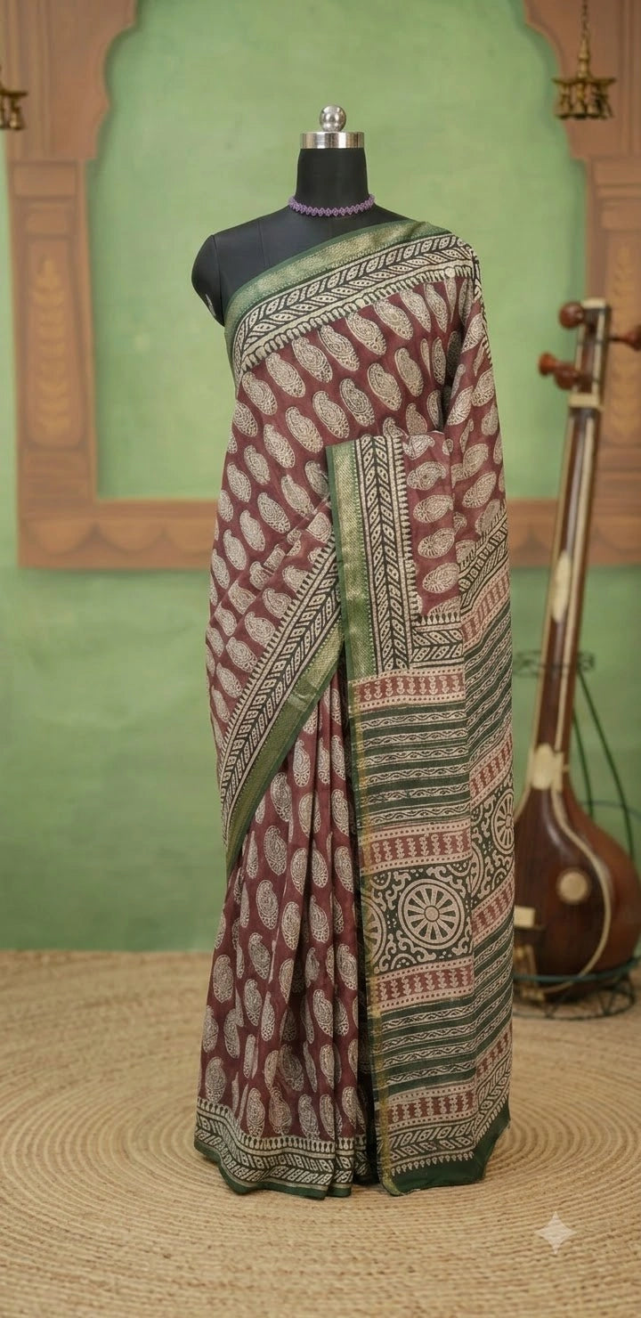 Brick Red maheshwari silk cotton saree