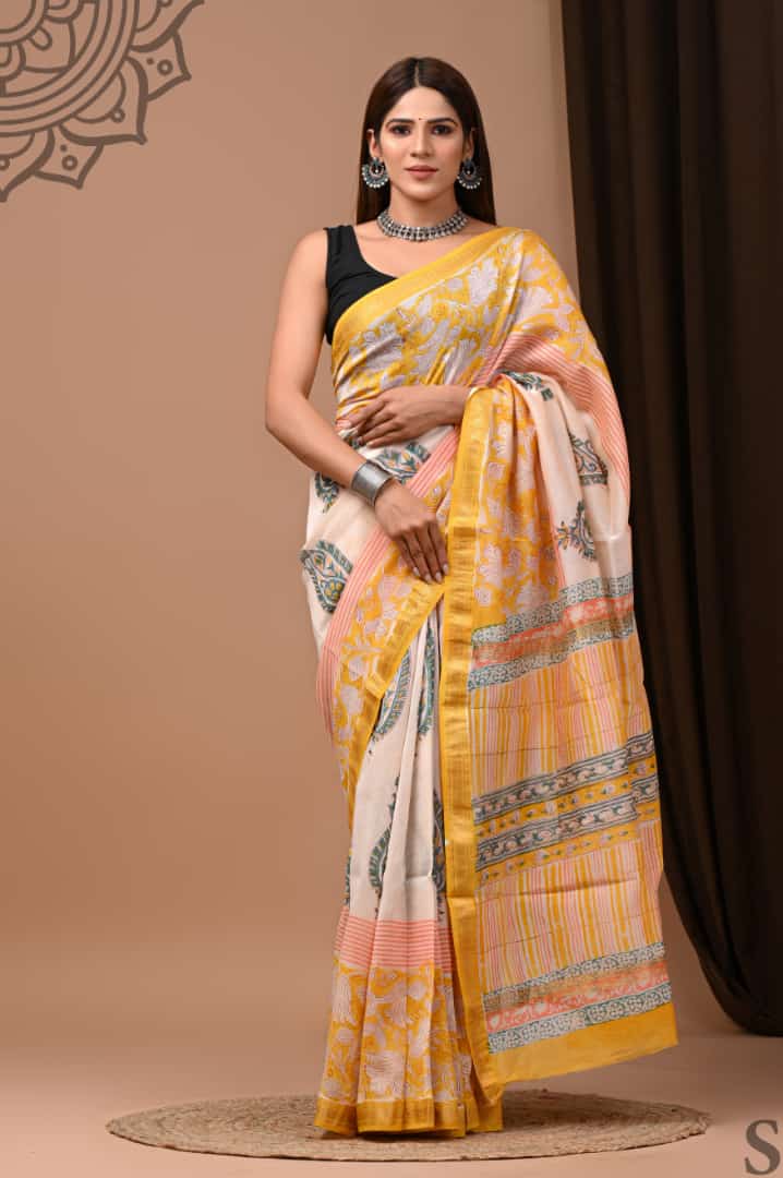 White Maheswari Silk Cotton Saree