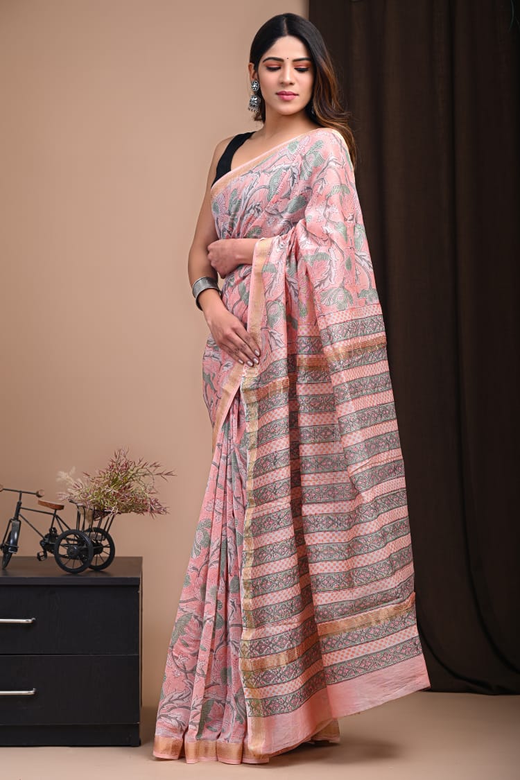 Baby Pink Maheswari Silk Cotton Saree