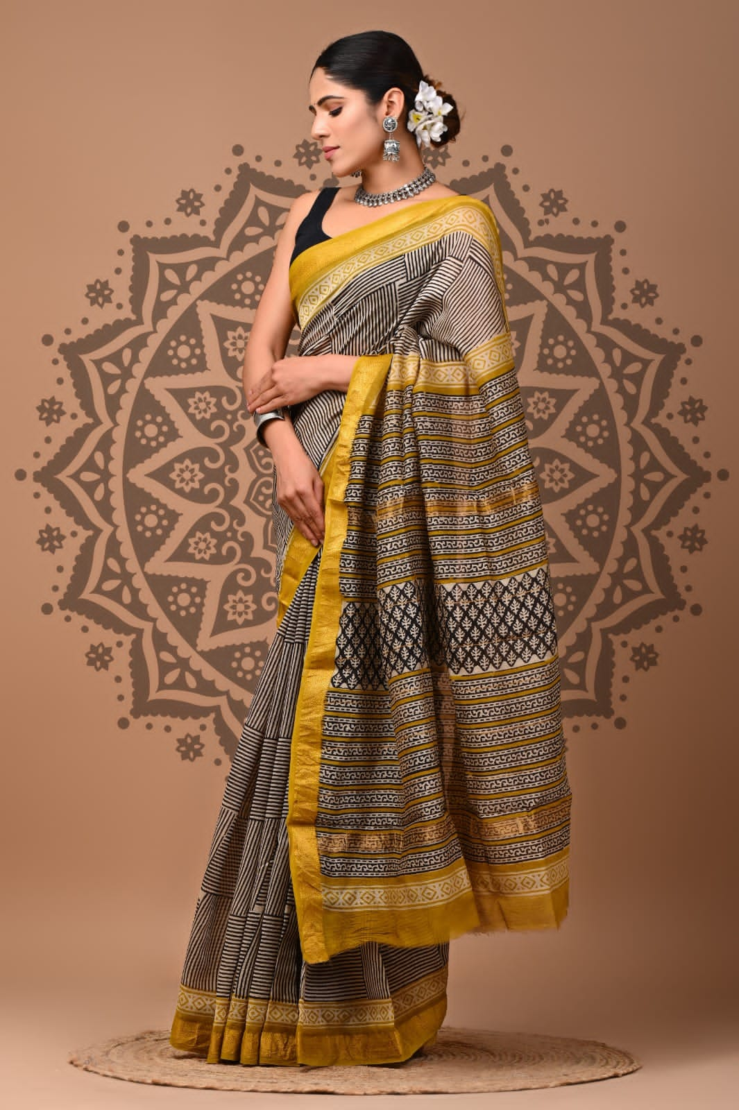 Black and White checked Maheswari silk cotton saree 