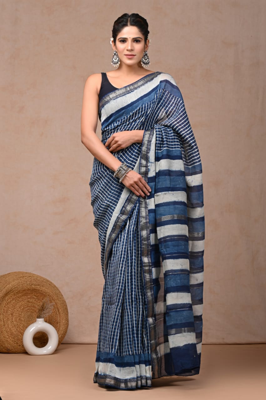 Indigo Blue Maheswari Silk Cotton Saree 