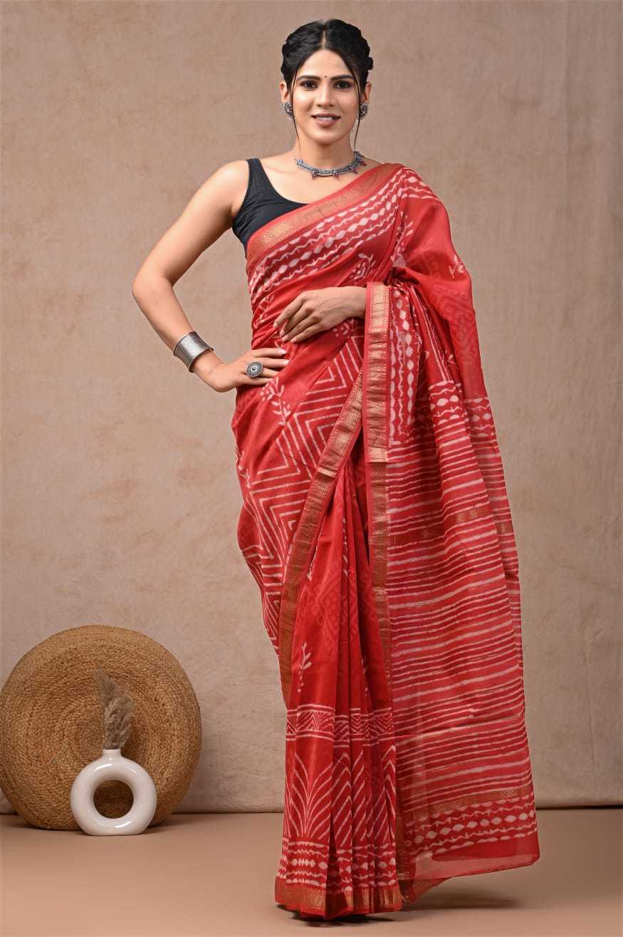 Tomato Red Maheswari Silk Cotton Saree
