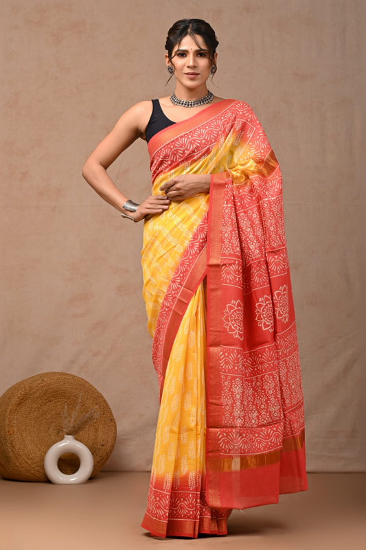 Yellow Maheswari Silk Cotton Saree