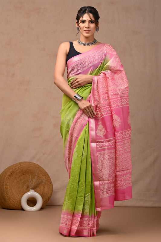 Parrot Green Maheswari Silk Cotton Saree