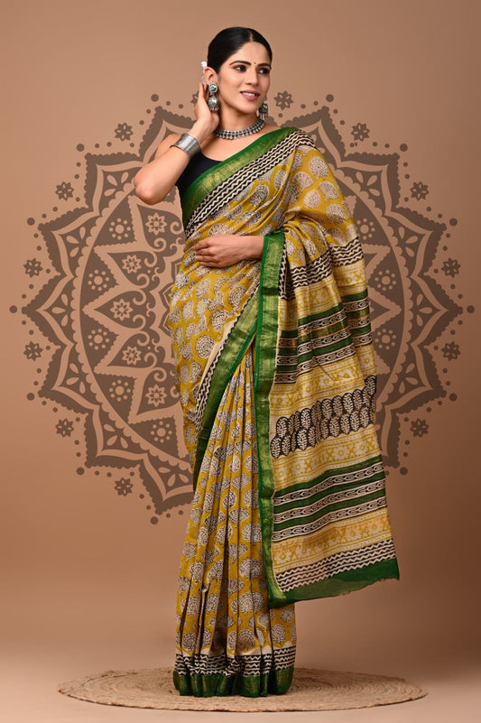 Mustard Yellow Maheshwari Silk Cotton Saree