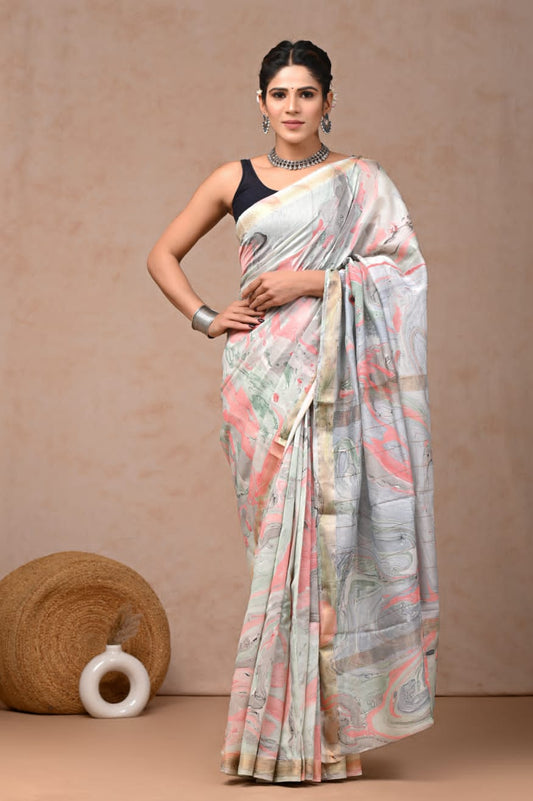 Grey Digital printed Maheshwari Silk Cotton Saree