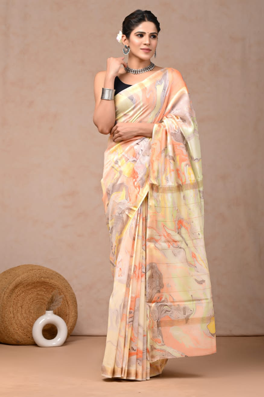 Light yellow Digital printed Maheshwari Silk Cotton Saree