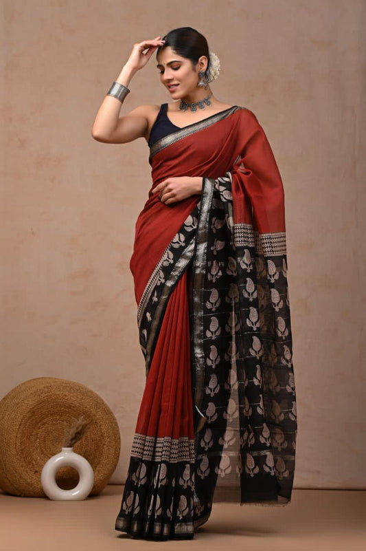 Brick red Maheshwari Silk Cotton Saree 