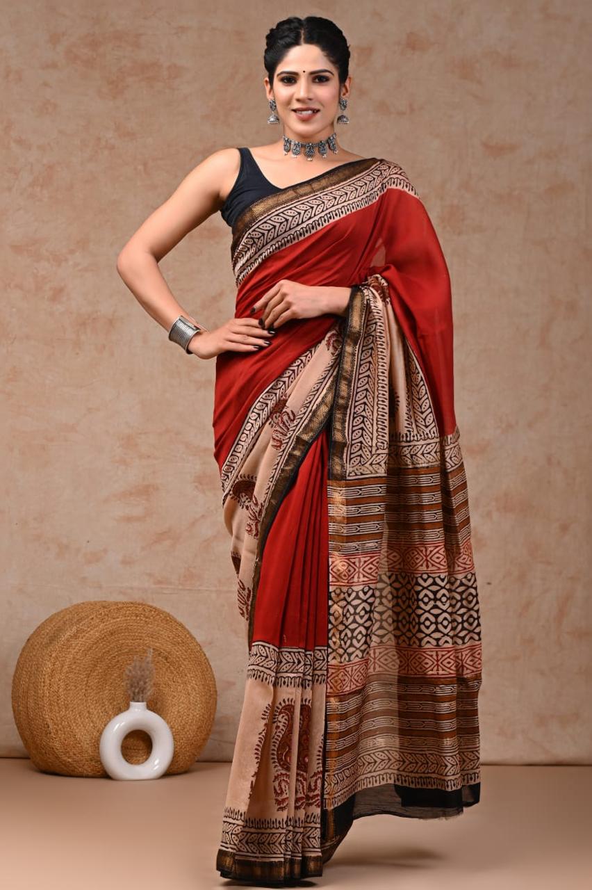 Brick Red Maheshwari Silk Cotton Saree 