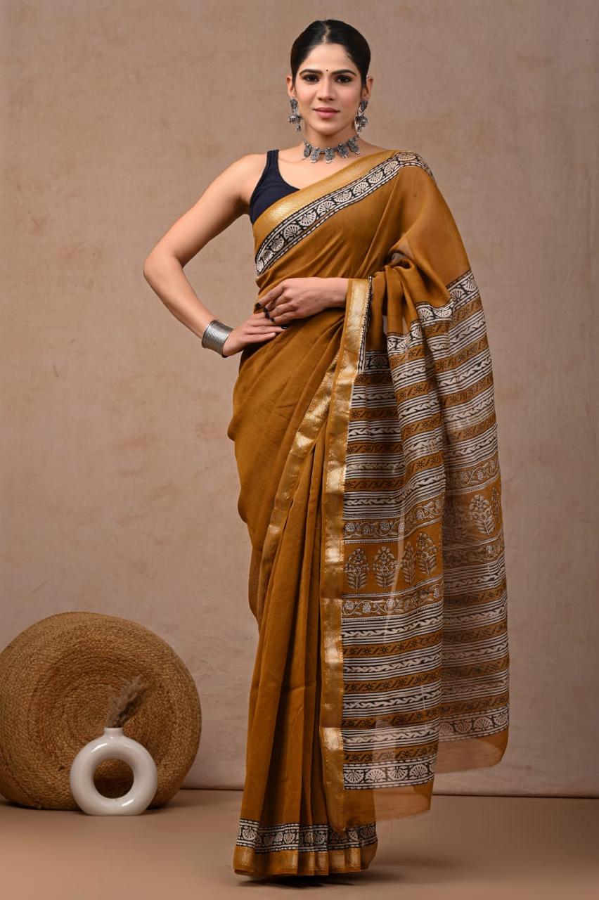 Mustard Yellow Maheshwari Silk Cotton Saree 