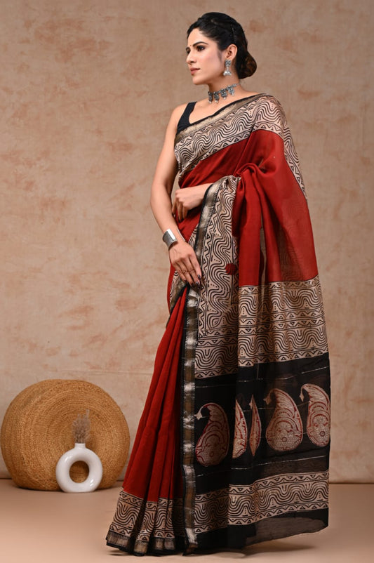 Brick Red Maheshwari Silk Cotton Saree