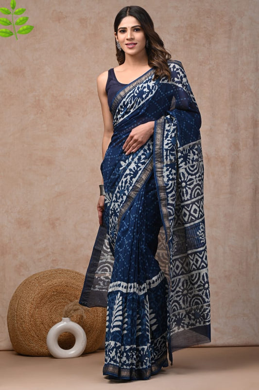 Indigo Blue Maheshwari Silk Cotton Saree 