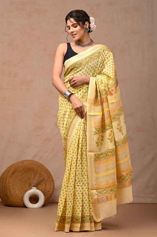 Off - White Maheshwari Silk Cotton Saree