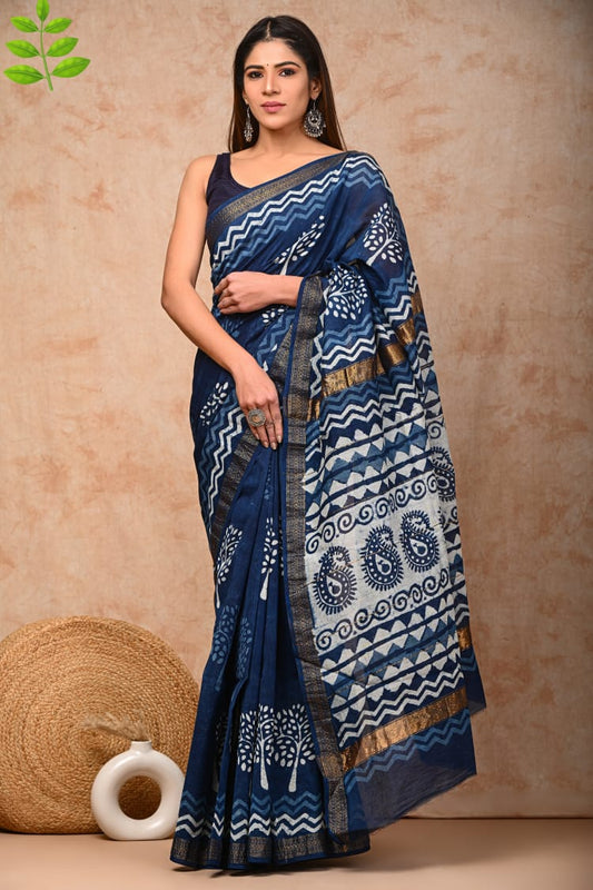 Indigo Blue Maheshwari Silk Cotton Saree
