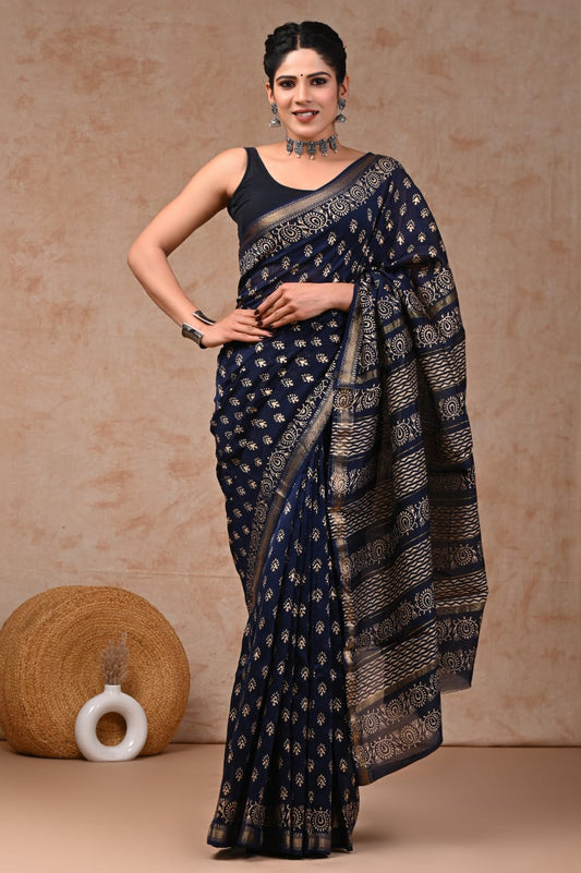 Dark Blue Maheshwari Silk Cotton Saree