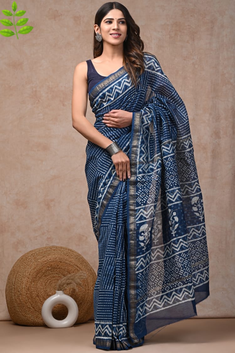 Indigo Blue Maheshwari Silk Cotton Saree