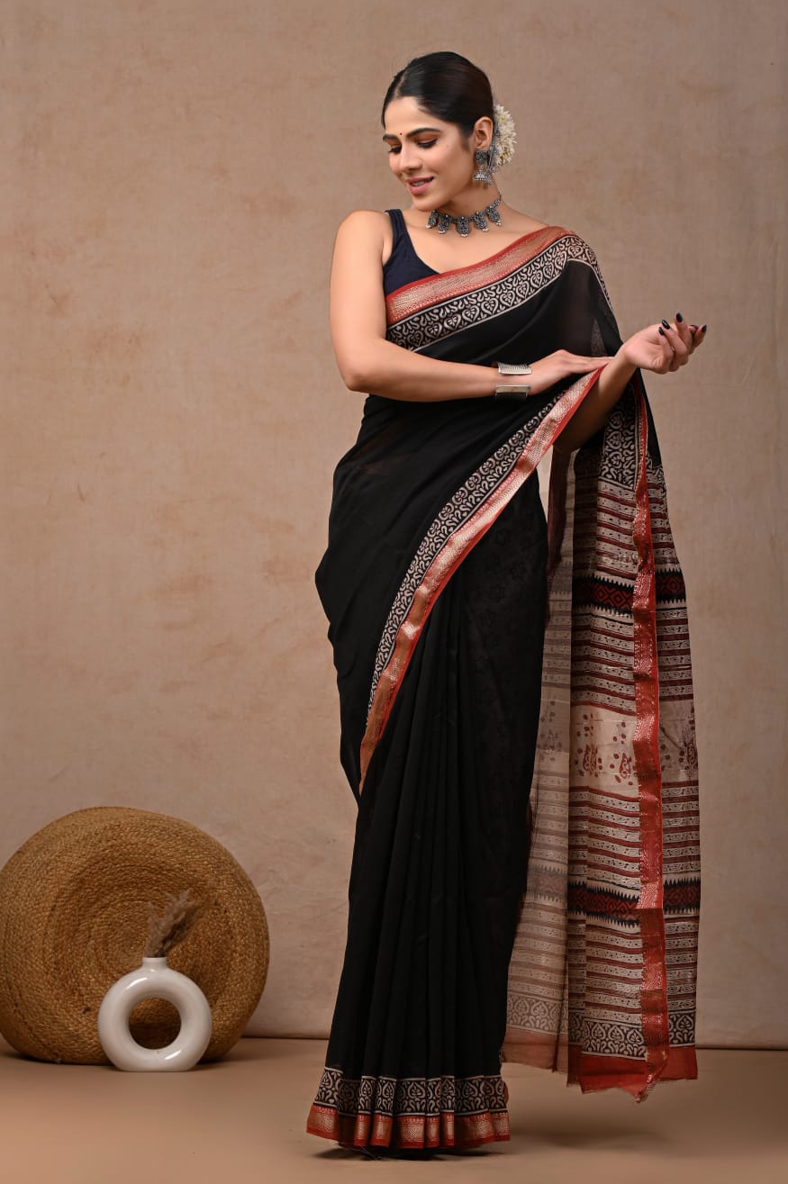 Black Maheshwari Silk Cotton Saree