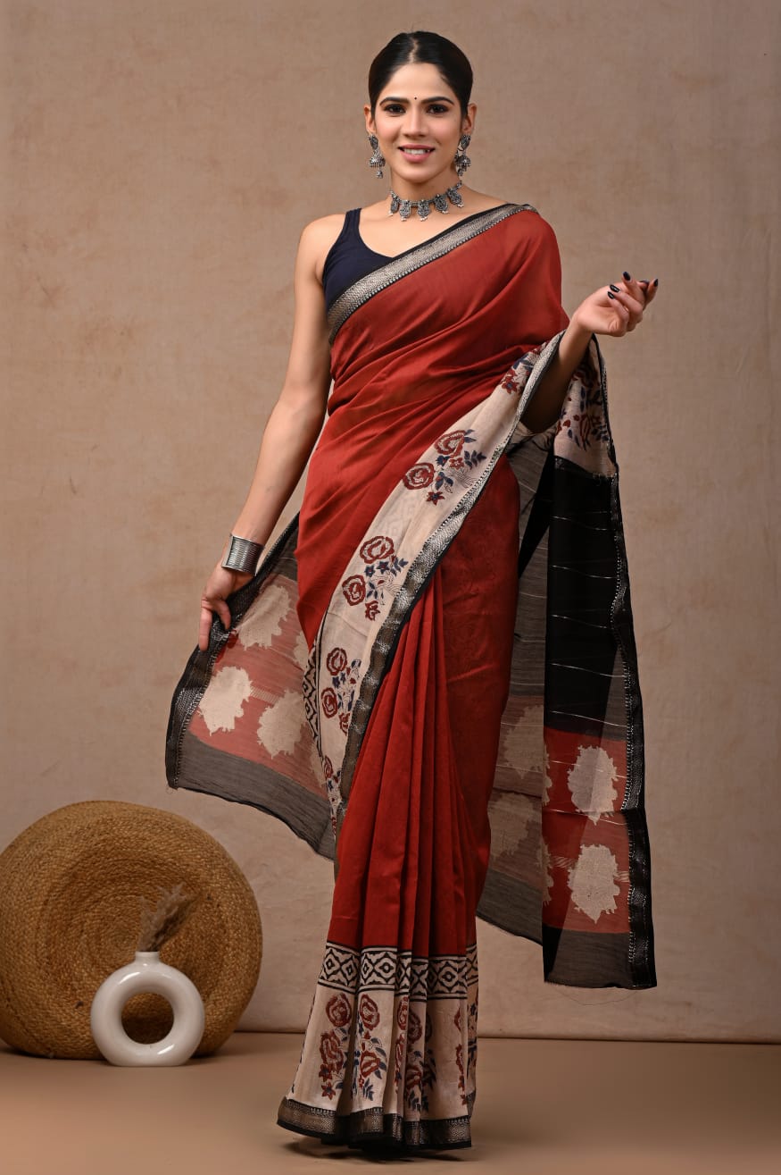 Brick Red Maheshwari Silk Cotton Saree 