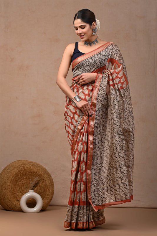 Brick Red Maheshwari Silk Cotton Saree 