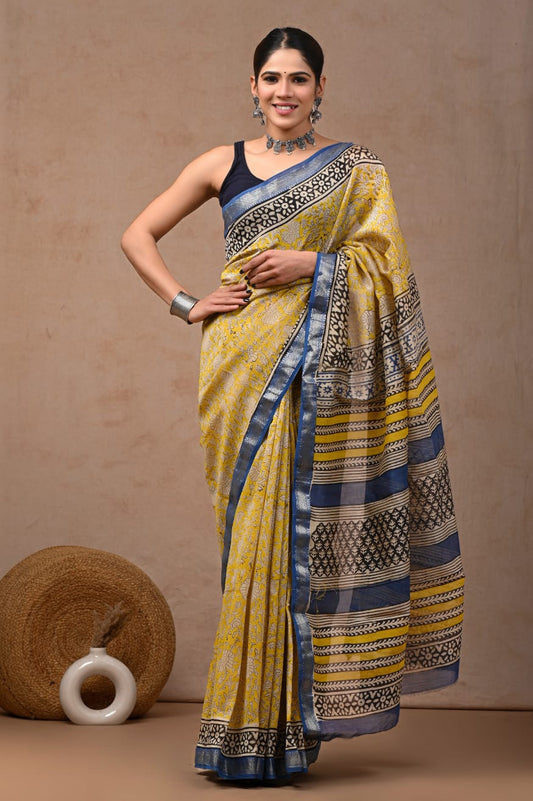 Mustard Yellow Maheshwari Silk Cotton Saree