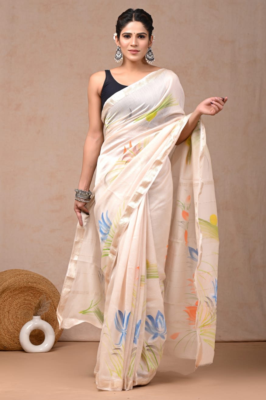 Beige Maheshwari Silk Cotton Saree