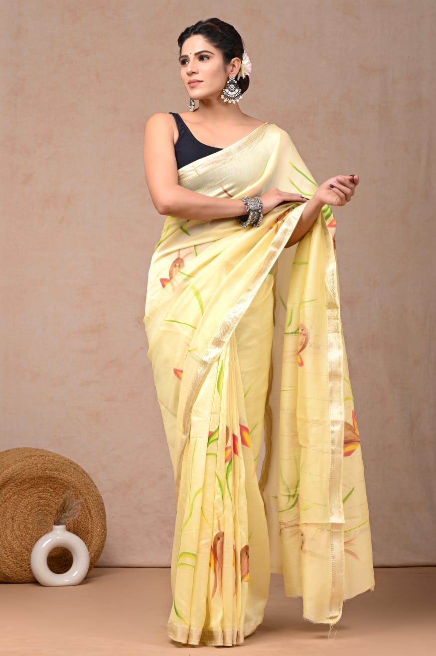 Light Yellow Maheshwari Silk Cotton Saree