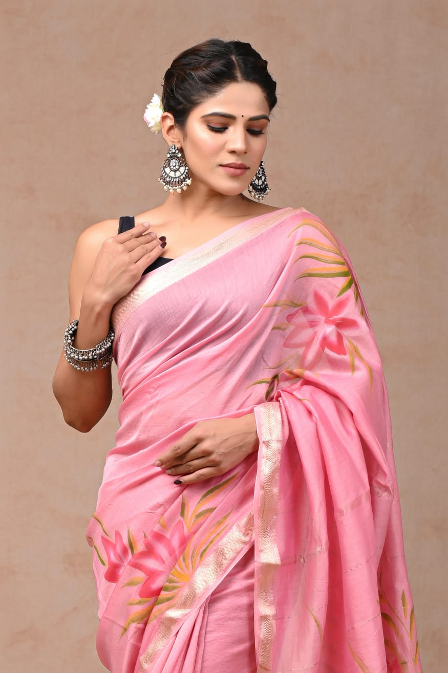 Baby Pink Maheshwari Silk Cotton Saree 