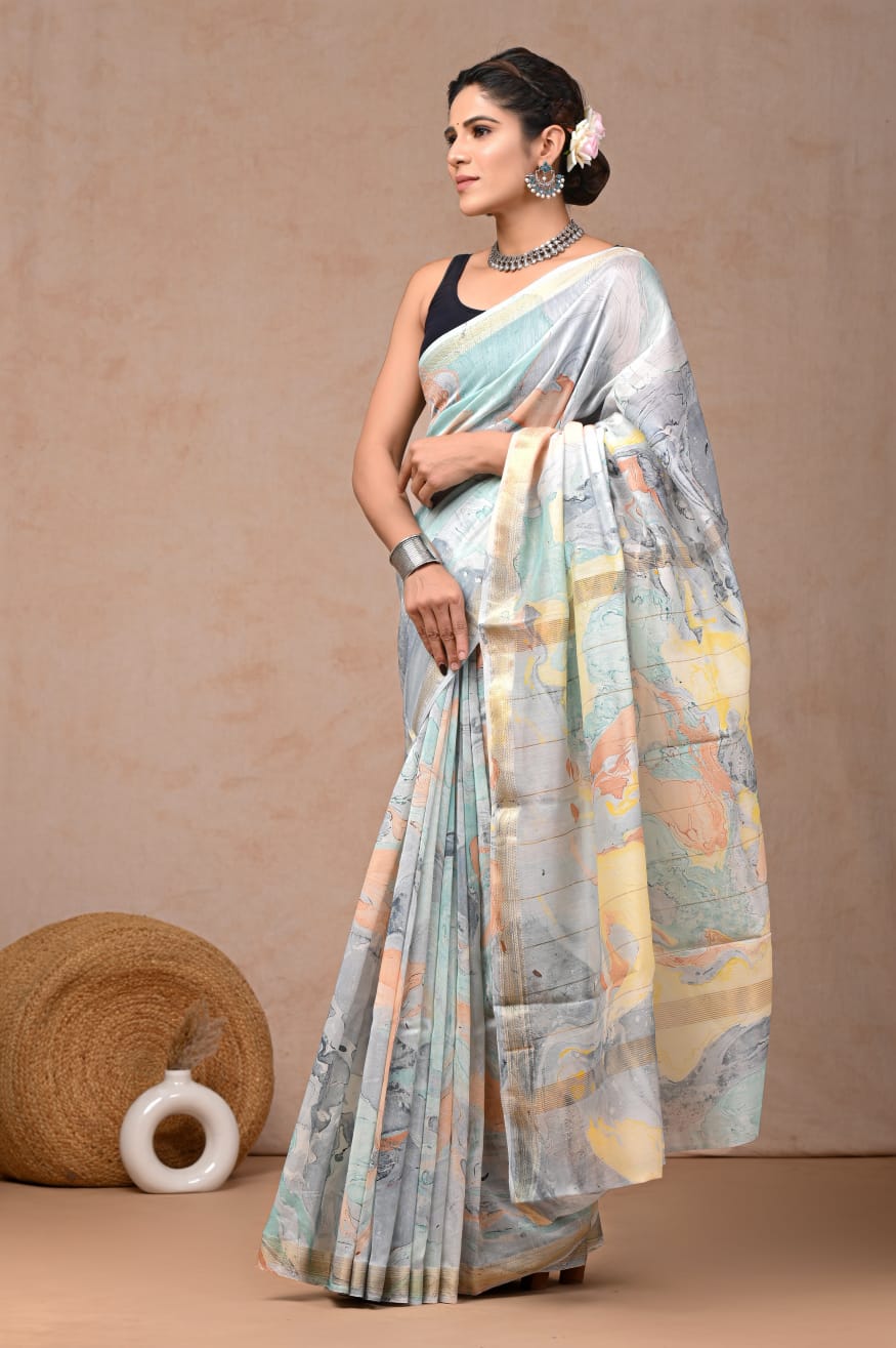 Grey Digital printed Maheshwari Silk Cotton Saree