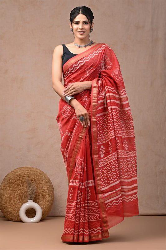 Red Maheshwari Silk Cotton Saree 